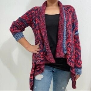 Blue Rain $68 Sm/Medium Red Blue Aztec Pattern Open Front Draped Knit Cardigan‎